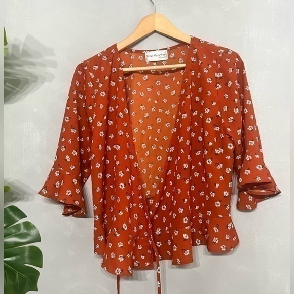 3/$30 _ LITTLE MOUNTAIN | Brick Floral Wrap Peplum Blouse half sleeve boho - L - Picture 6 of 9